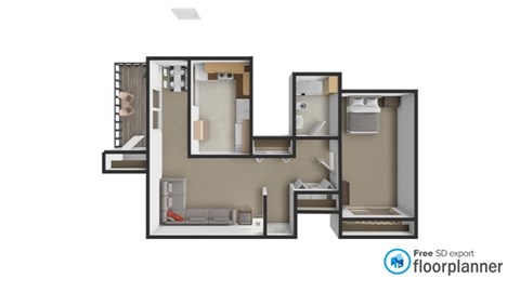 A floor plan of a house with a kitchen, living room, and two bedrooms.